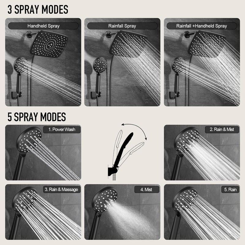 Veken 11.8'' Rain Shower Head with Handheld, High Pressure Rainfall Showerhead Combo with 5 Handheld Water Spray Modes for Bathroom Accessories, Home Decor, Detachable Dual Shower Heads, Matte Black - Image 3
